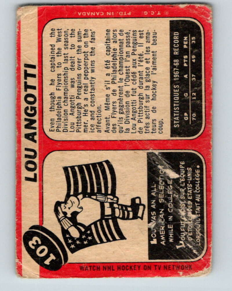 1968-69 O-Pee-Chee #103 Lou Angotti Pittsburgh Penguins V1038