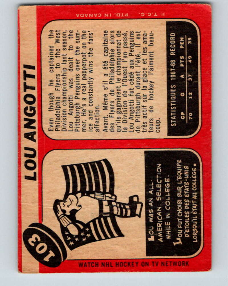 1968-69 O-Pee-Chee #103 Lou Angotti Pittsburgh Penguins V1039