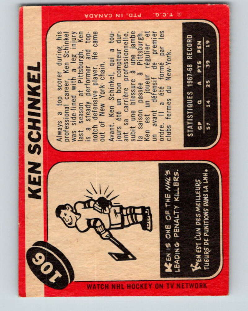 1968-69 O-Pee-Chee #106 Ken Schinkel Pittsburgh Penguins V1045
