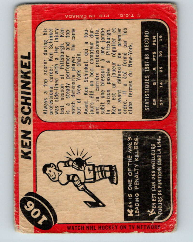 1968-69 O-Pee-Chee #106 Ken Schinkel Pittsburgh Penguins V1046