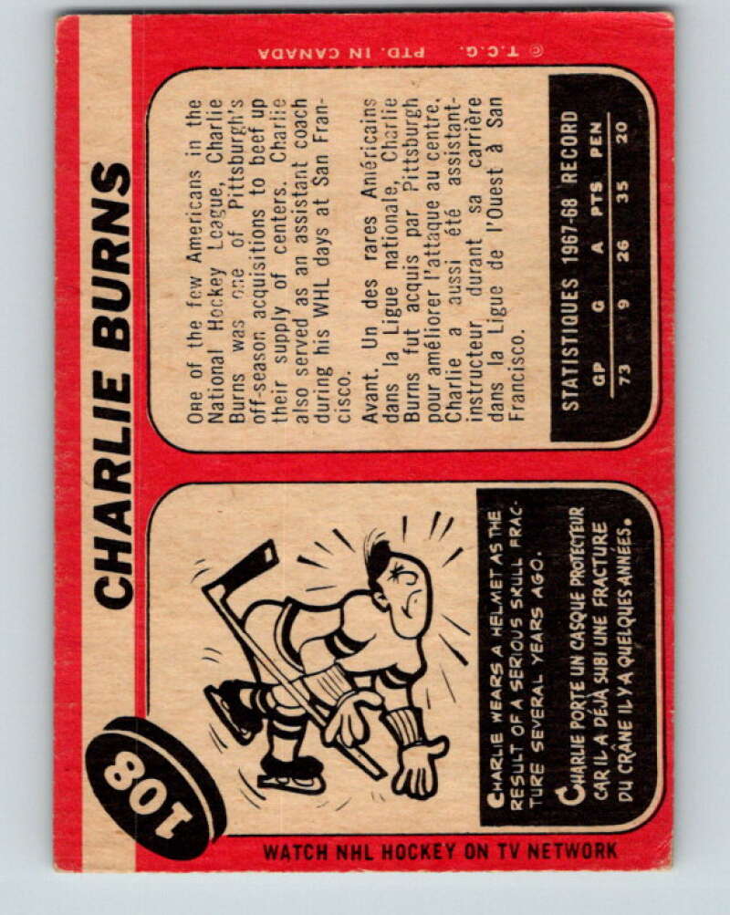 1968-69 O-Pee-Chee #108 Charlie Burns Pittsburgh Penguins V1048
