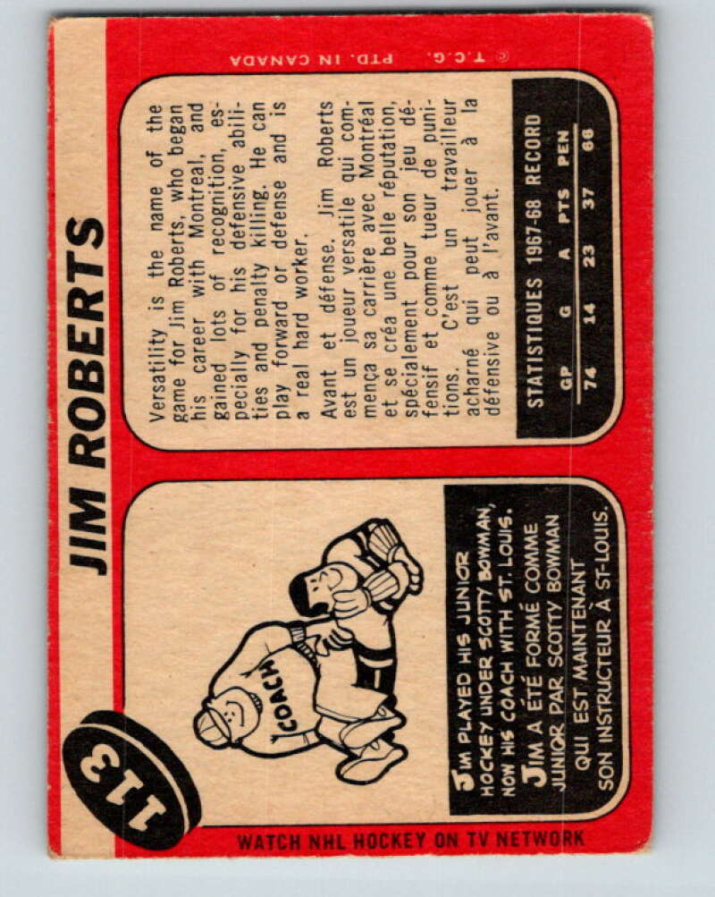1968-69 O-Pee-Chee #113 Jim Roberts St. Louis Blues V1055