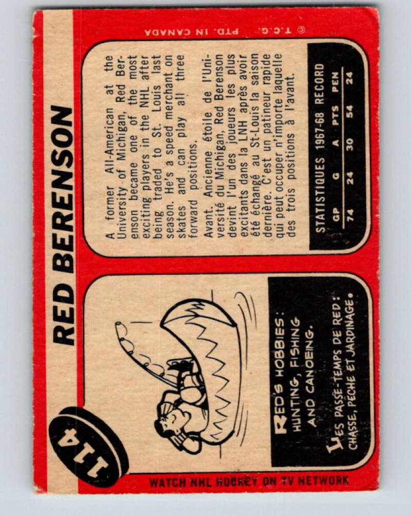 1968-69 O-Pee-Chee #114 Red Berenson St. Louis Blues V1056
