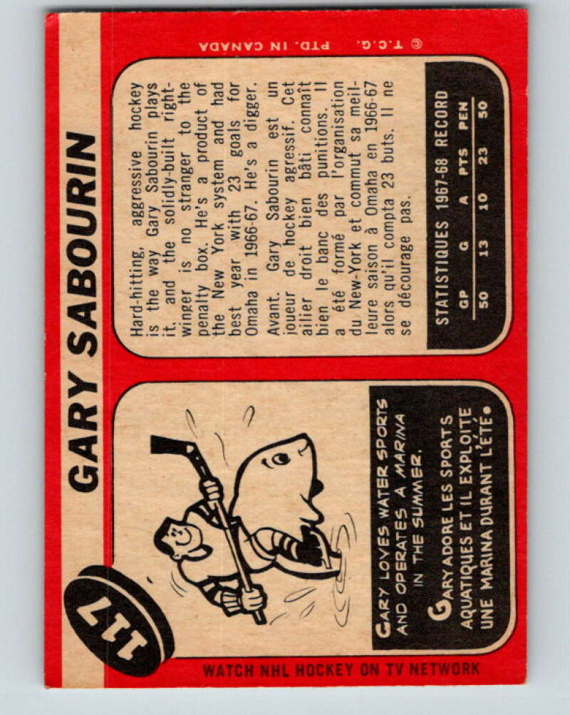 1968-69 O-Pee-Chee #117 Gary Sabourin RC Rookie St. Louis Blues V1059
