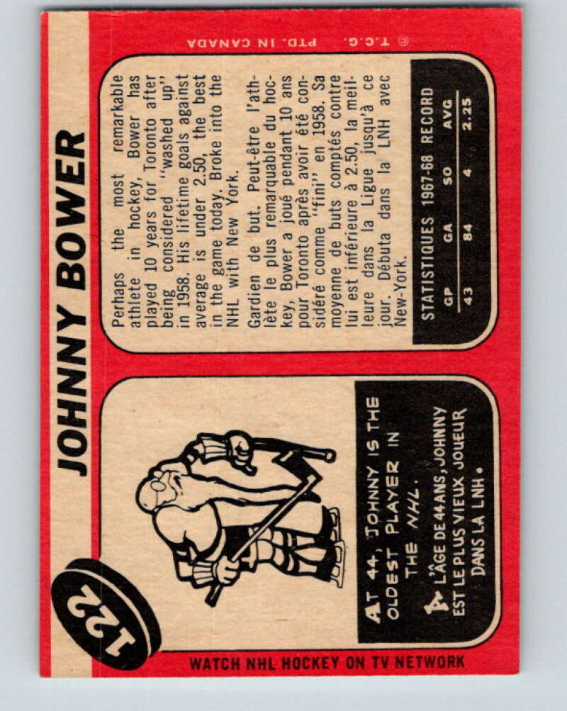 1968-69 O-Pee-Chee #122 Johnny Bower Toronto Maple Leafs V1064