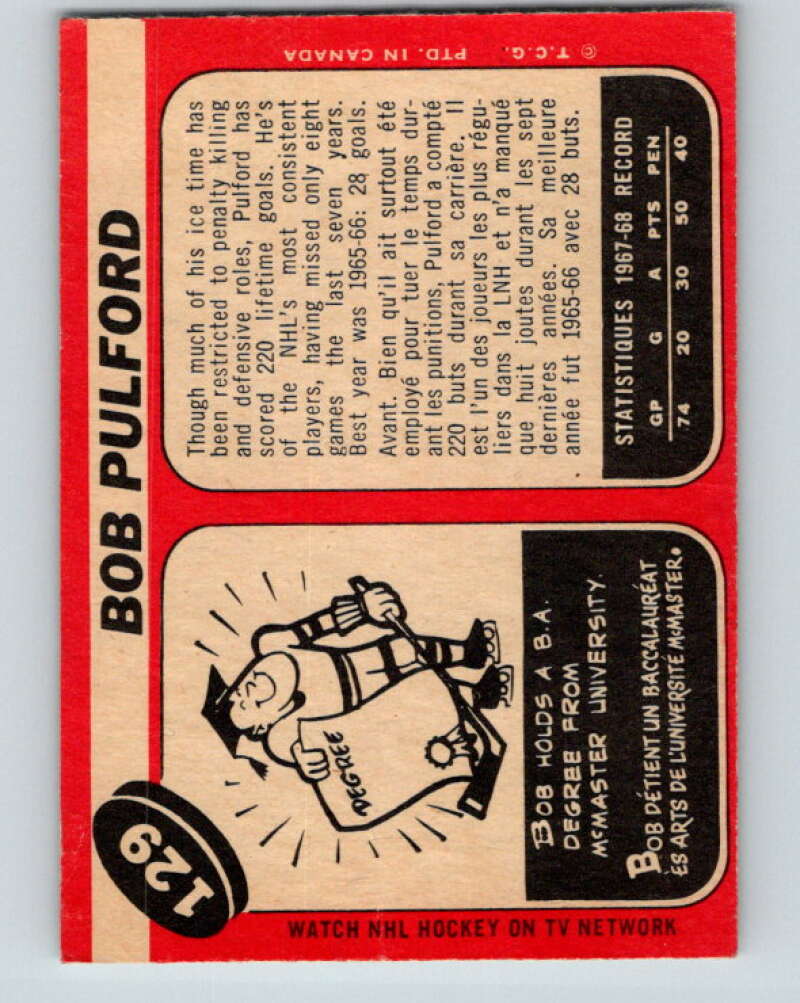 1968-69 O-Pee-Chee #129 Bob Pulford Toronto Maple Leafs V1070