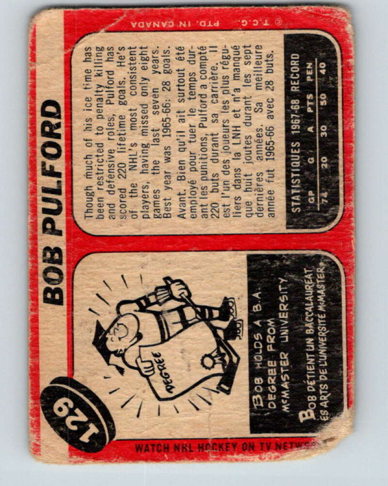 1968-69 O-Pee-Chee #129 Bob Pulford Toronto Maple Leafs V1071