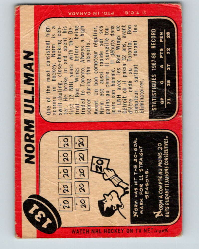 1968-69 O-Pee-Chee #131 Norm Ullman Toronto Maple Leafs V1073