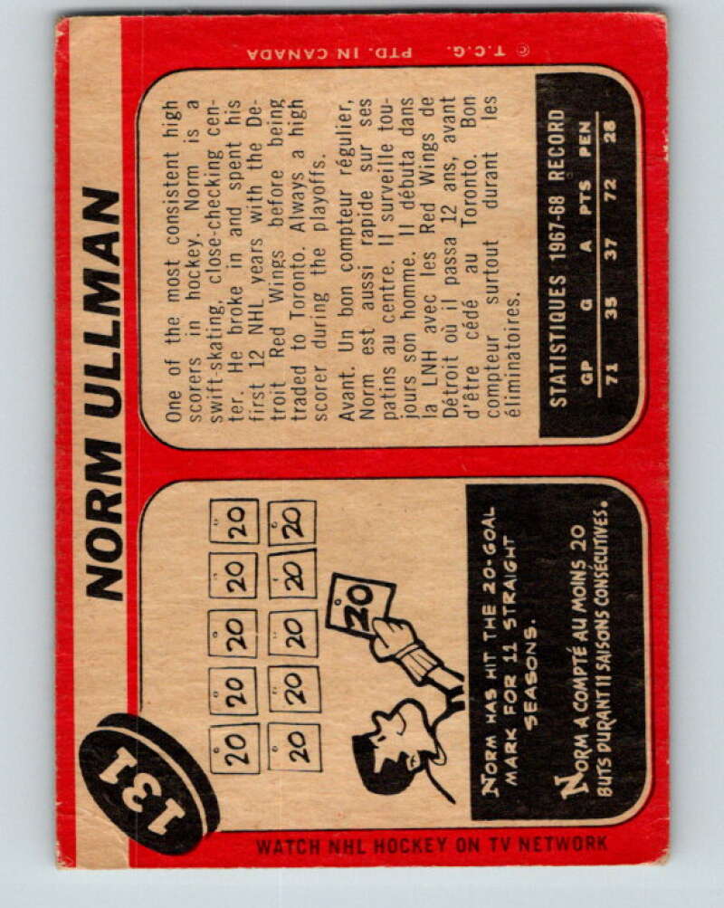 1968-69 O-Pee-Chee #131 Norm Ullman Toronto Maple Leafs V1074