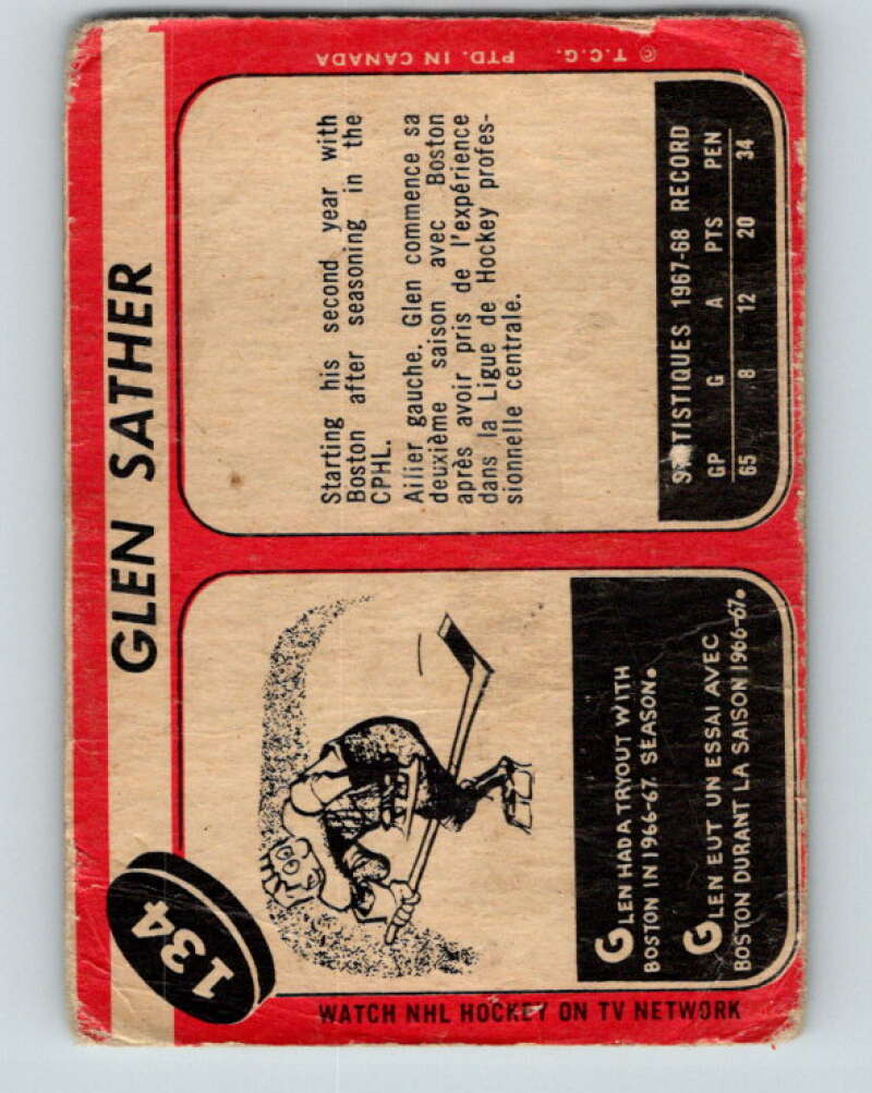 1968-69 O-Pee-Chee #134 Glen Sather Boston Bruins V1077