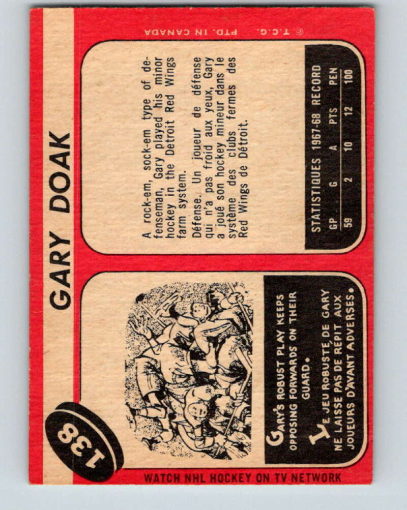 1968-69 O-Pee-Chee #138 Gary Doak Boston Bruins V1085