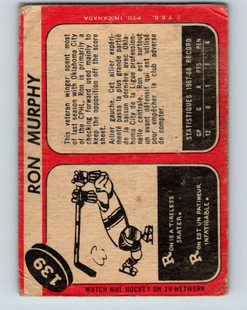 1968-69 O-Pee-Chee #139 Ron Murphy Boston Bruins V1087