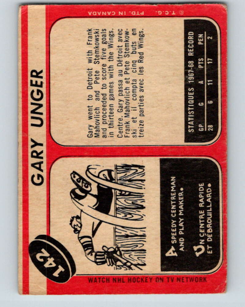 1968-69 O-Pee-Chee #142 Garry Unger RC Rookie Detroit Red Wings V1090