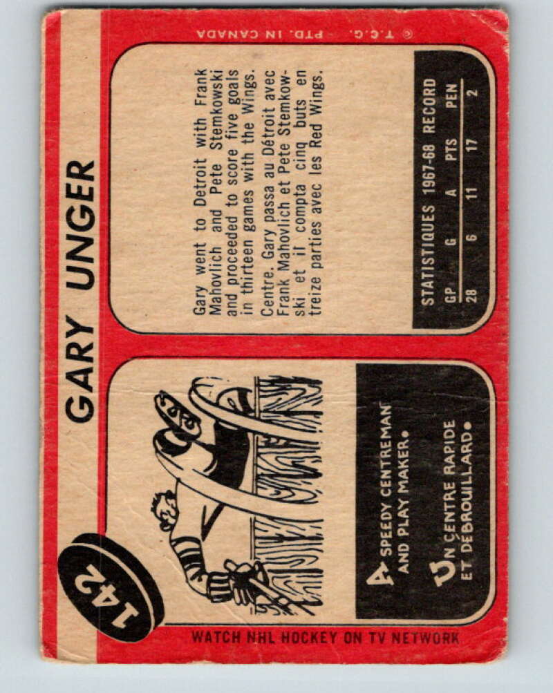 1968-69 O-Pee-Chee #142 Garry Unger RC Rookie Detroit Red Wings V1091