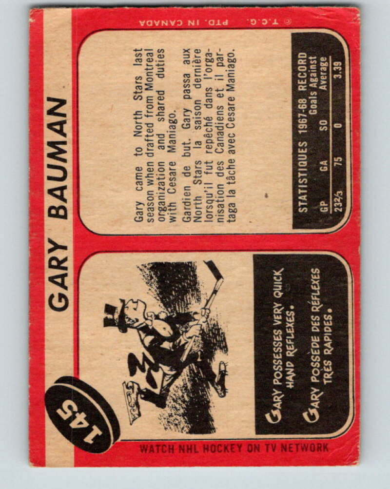 1968-69 O-Pee-Chee #145 Gary Bauman RC Rookie Minnesota North Stars V1095