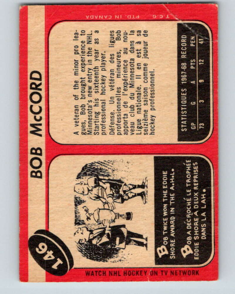 1968-69 O-Pee-Chee #146 Bob McCord Minnesota North Stars V1096