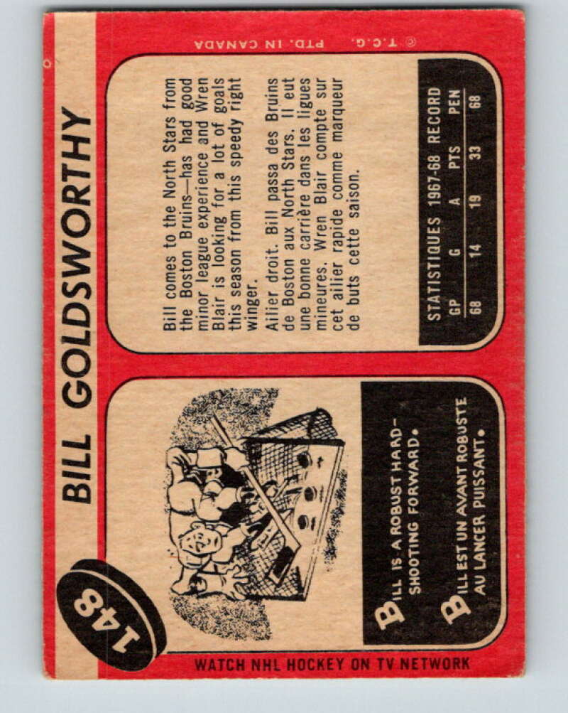 1968-69 O-Pee-Chee #148 Bill Goldsworthy RC Rookie Minnesota North Stars V1098