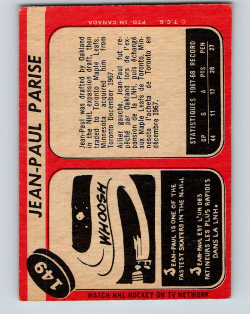 1968-69 O-Pee-Chee #149 J.P. Parise RC Rookie Minnesota North Stars V1099