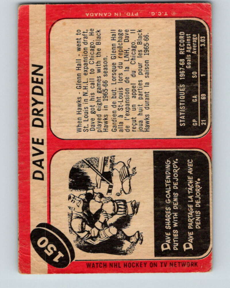1968-69 O-Pee-Chee #150 Dave Dryden Chicago Blackhawks V1101