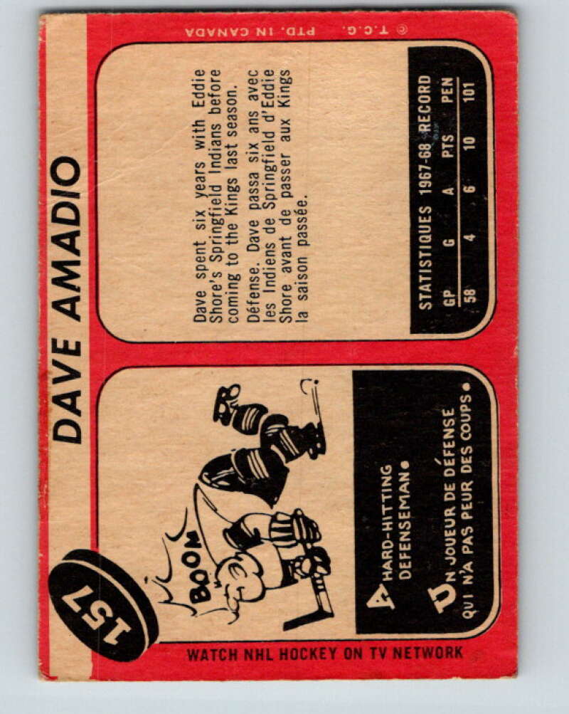 1968-69 O-Pee-Chee #157 Dave Amadio RC Rookie Los Angeles Kings V1115