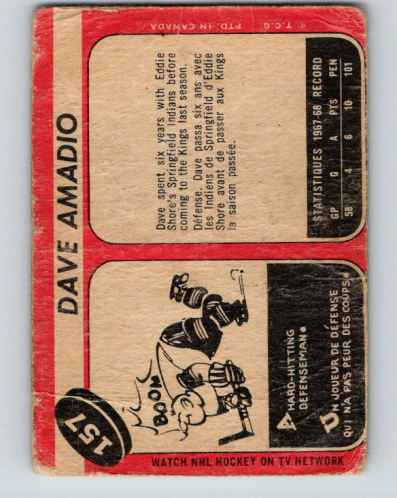 1968-69 O-Pee-Chee #157 Dave Amadio RC Rookie Los Angeles Kings V1116