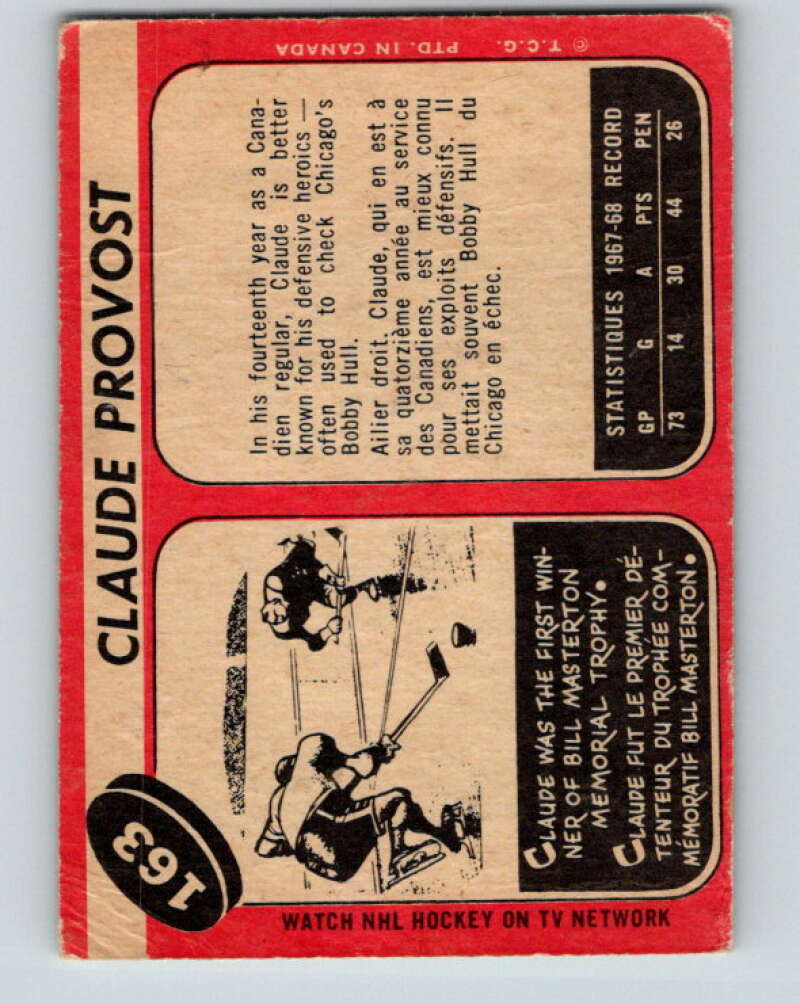1968-69 O-Pee-Chee #163 Claude Provost Montreal Canadiens V1126