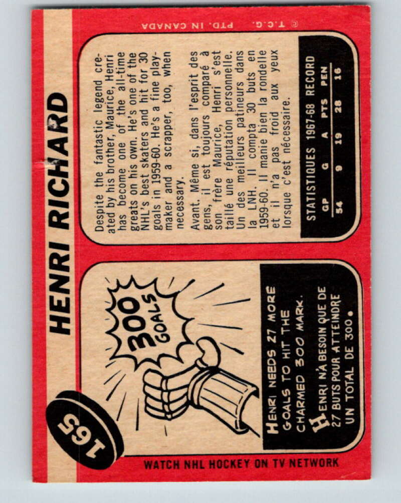 1968-69 O-Pee-Chee #165 Henri Richard Montreal Canadiens V1127