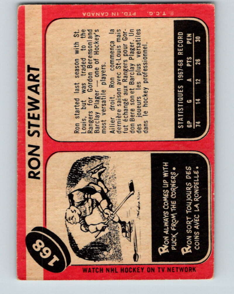 1968-69 O-Pee-Chee #168 Ron Stewart UER New York Rangers V1130