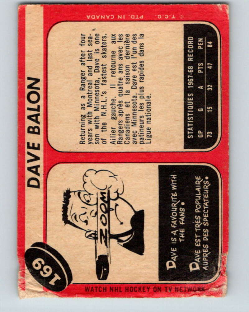 1968-69 O-Pee-Chee #169 Dave Balon New York Rangers V1132