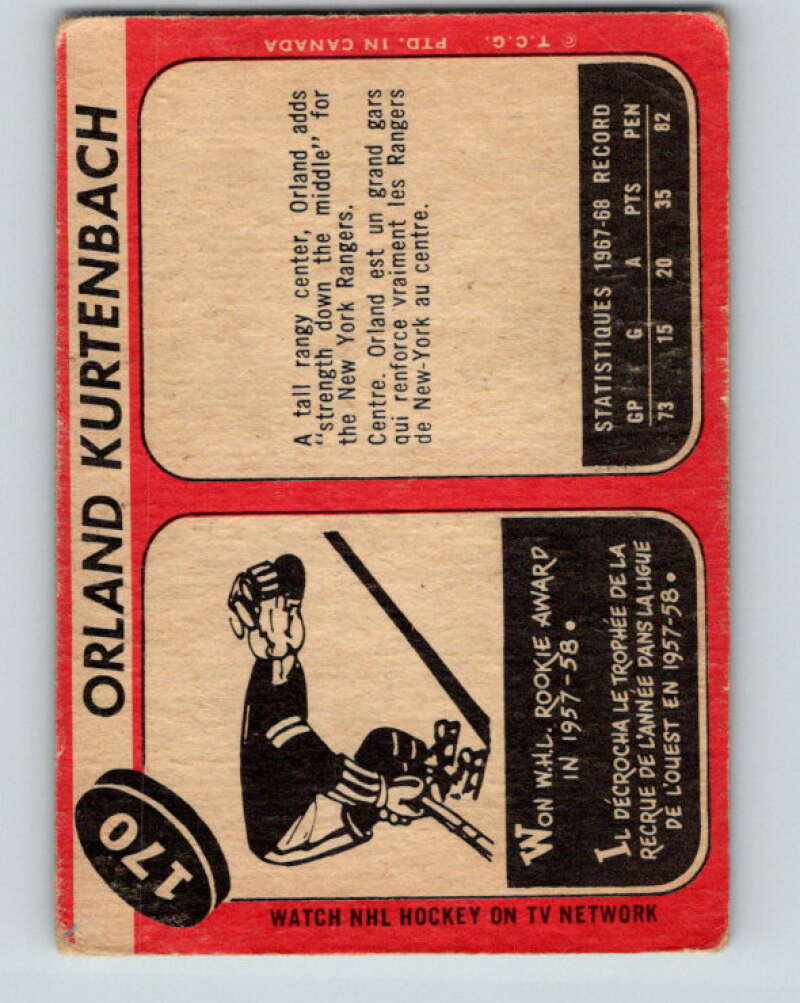 1968-69 O-Pee-Chee #170 Orland Kurtenbach New York Rangers V1133