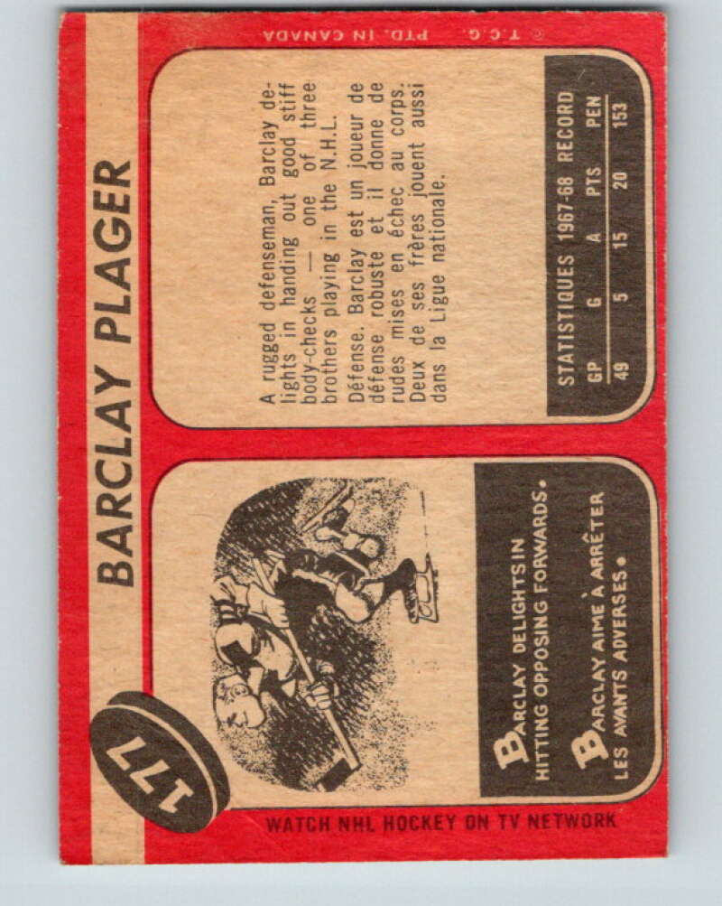 1968-69 O-Pee-Chee #177 Barclay Plager UER RC Rookie St. Louis Blues V1142