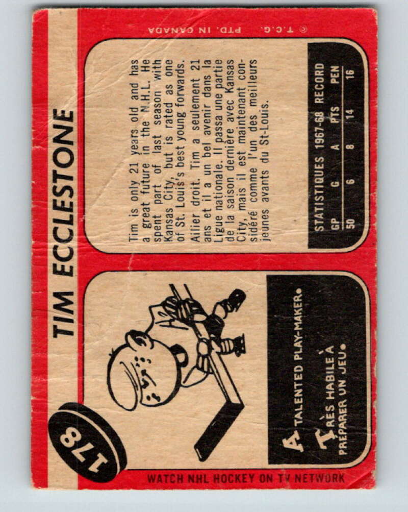 1968-69 O-Pee-Chee #178 Tim Ecclestone RC Rookie St. Louis Blues V1143