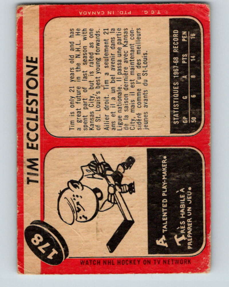 1968-69 O-Pee-Chee #178 Tim Ecclestone RC Rookie St. Louis Blues V1144