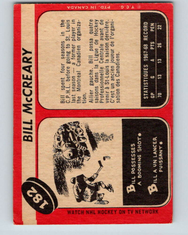 1968-69 O-Pee-Chee #182 Bill McCreary RC Rookie St. Louis Blues V1147