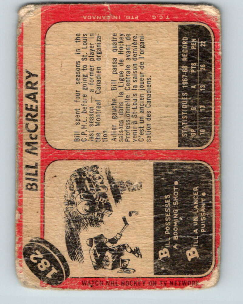 1968-69 O-Pee-Chee #182 Bill McCreary RC Rookie St. Louis Blues V1148