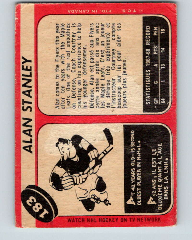 1968-69 O-Pee-Chee #183 Allan Stanley UER Philadelphia Flyers V1149