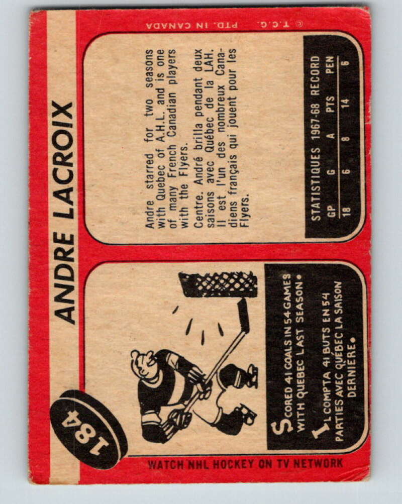 1968-69 O-Pee-Chee #184 Andre Lacroix RC Rookie Philadelphia Flyers V1150