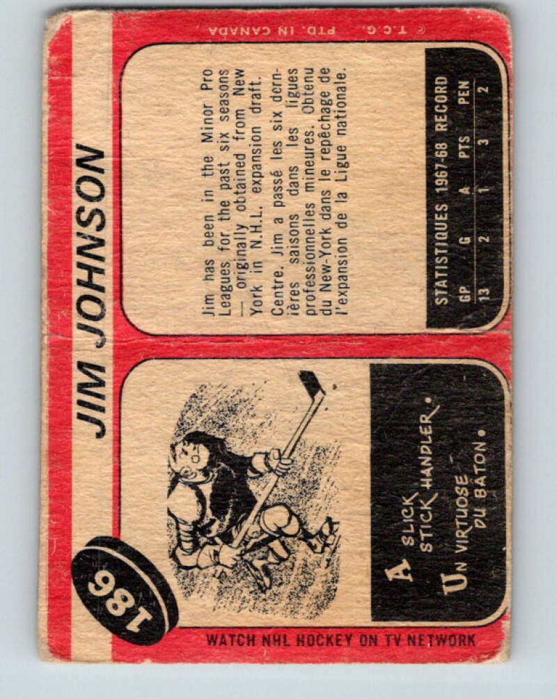 1968-69 O-Pee-Chee #186 Jim Johnson RC Rookie Philadelphia Flyers V1153