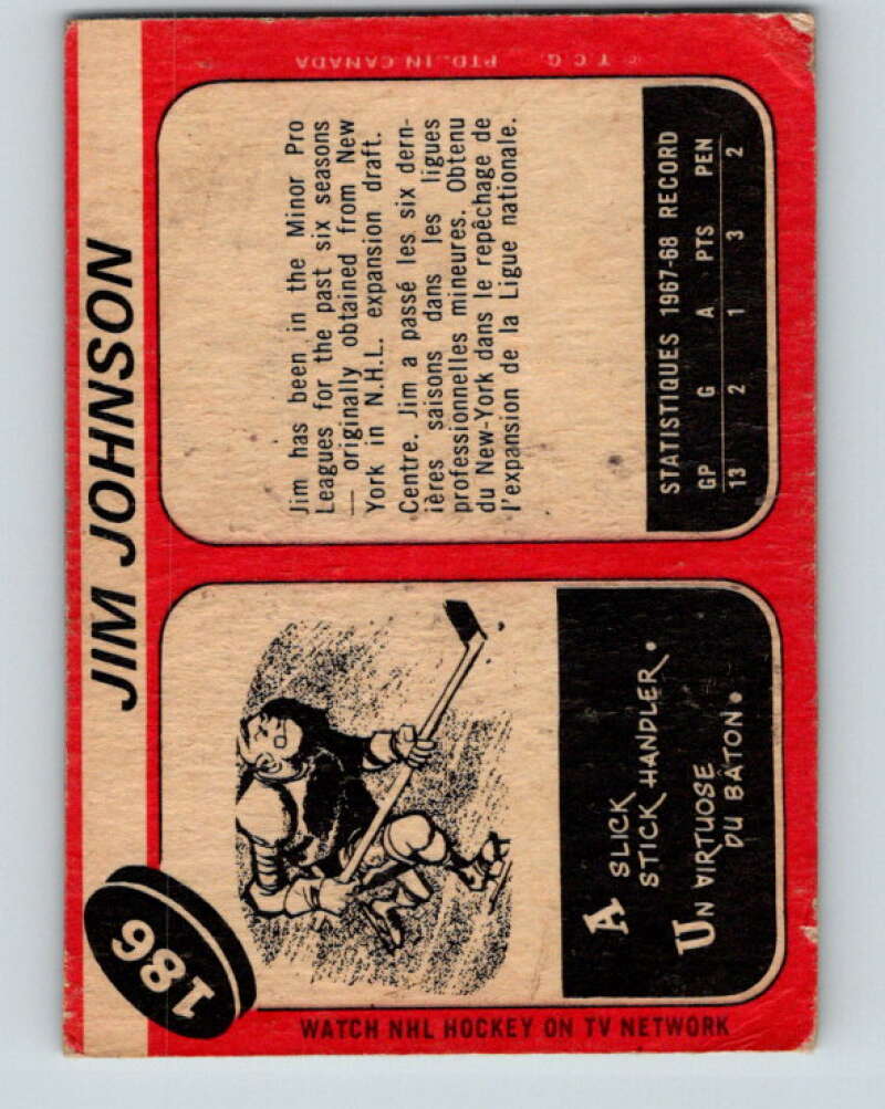 1968-69 O-Pee-Chee #186 Jim Johnson RC Rookie Philadelphia Flyers V1154