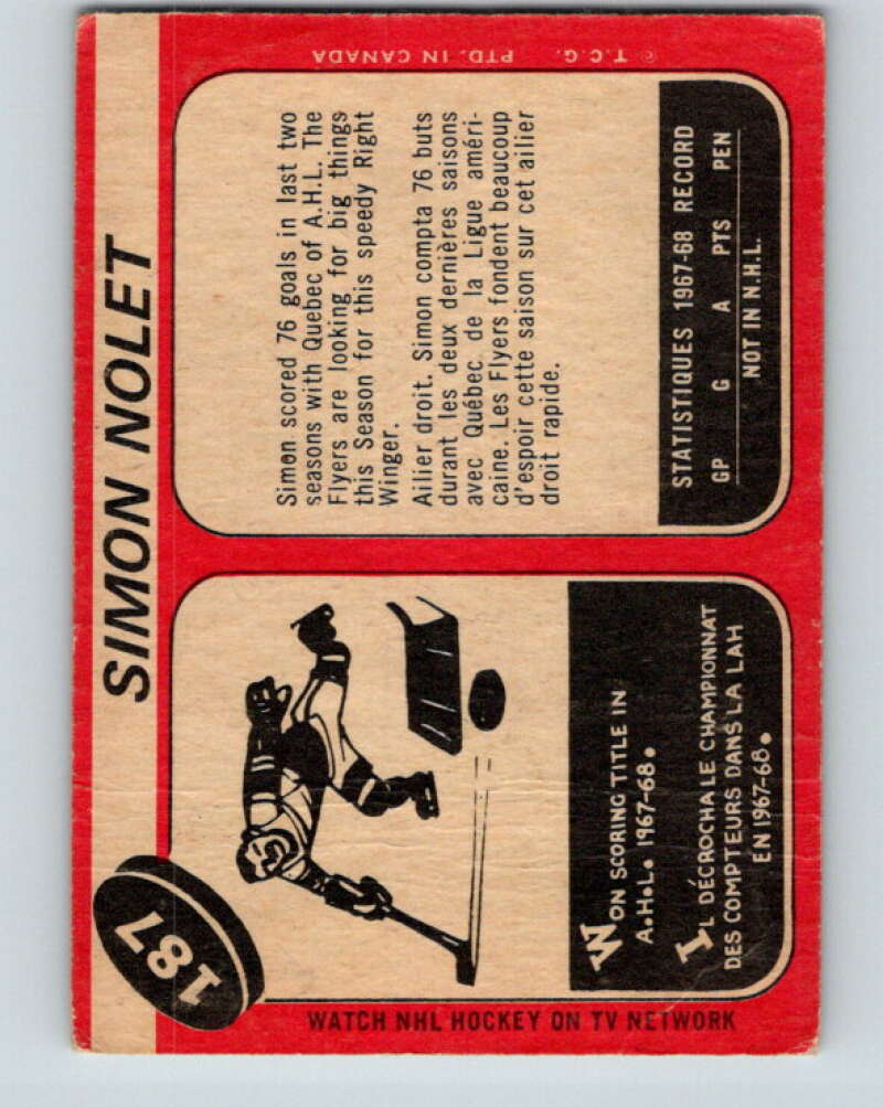 1968-69 O-Pee-Chee #187 Simon Nolet RC Rookie Philadelphia Flyers V1155