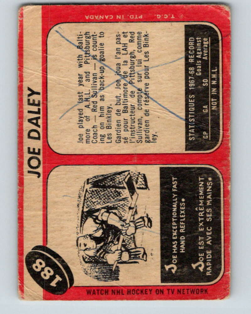 1968-69 O-Pee-Chee #188 Joe Daley RC Rookie Pittsburgh Penguins V1156