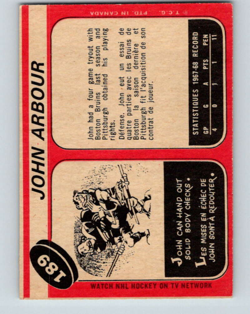 1968-69 O-Pee-Chee #189 John Arbour RC Rookie Pittsburgh Penguins V1157