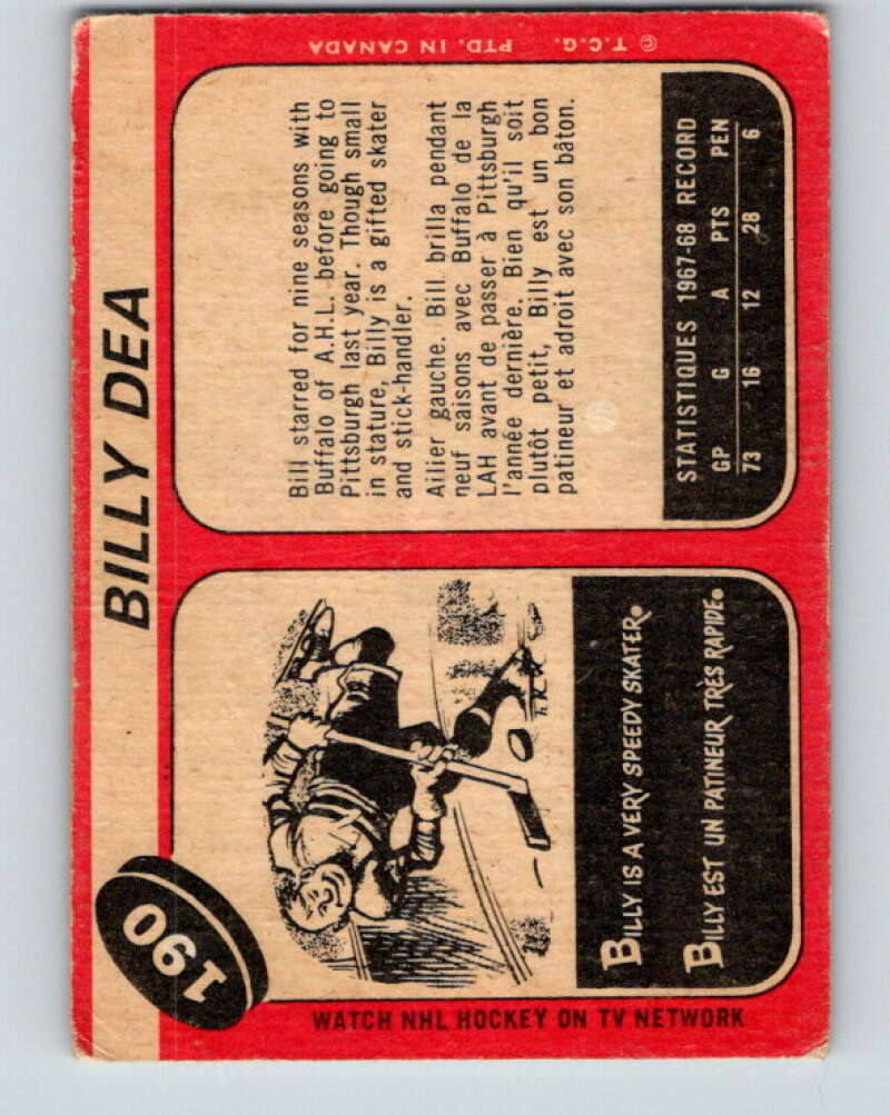 1968-69 O-Pee-Chee #190 Billy Dea Pittsburgh Penguins V1158