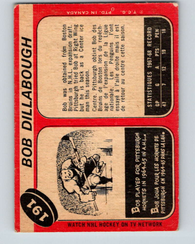 1968-69 O-Pee-Chee #191 Bob Dillabough Pittsburgh Penguins V1159