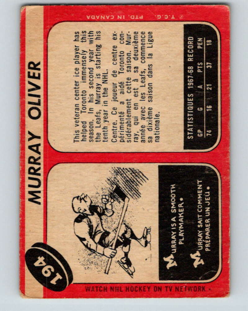 1968-69 O-Pee-Chee #194 Murray Oliver Toronto Maple Leafs V1162