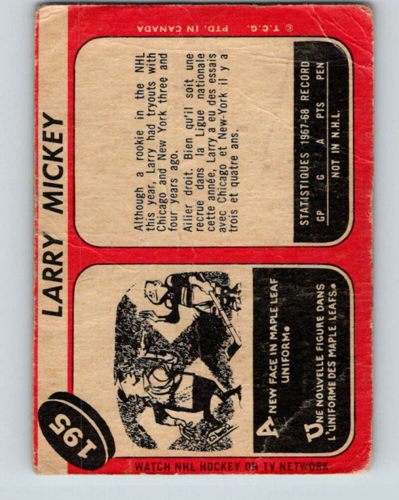 1968-69 O-Pee-Chee #195 Larry Mickey RC Rookie Toronto Maple Leafs V1164
