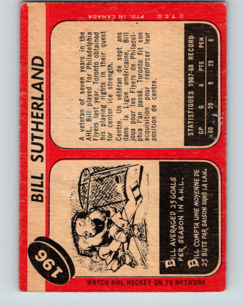 1968-69 O-Pee-Chee #196 Bill Sutherland RC Rookie Toronto Maple Leafs V1165