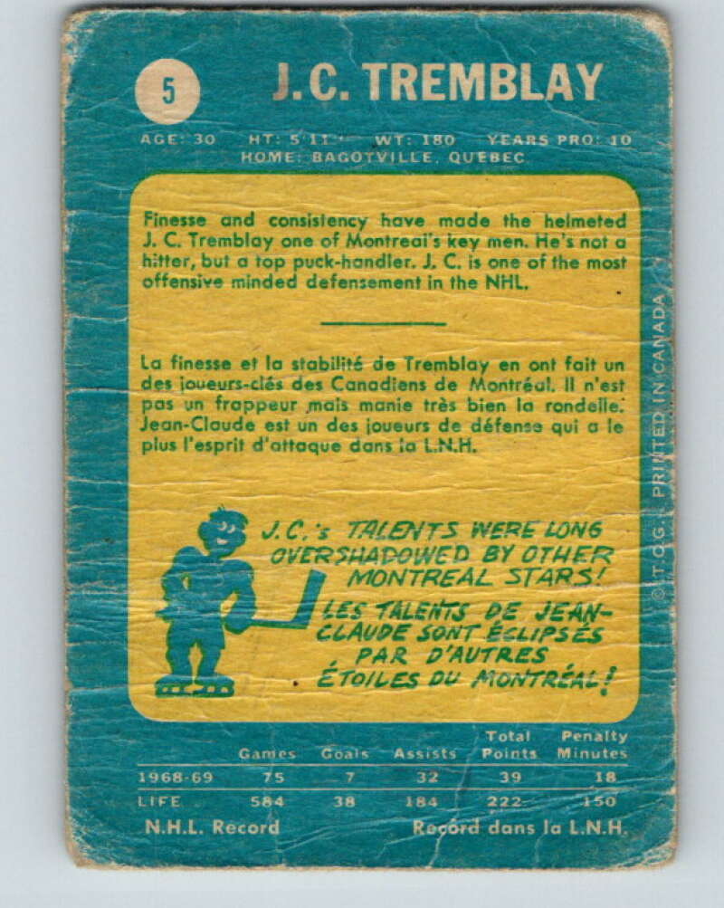 1969-70 O-Pee-Chee #5 J.C. Tremblay Montreal Canadiens V1194
