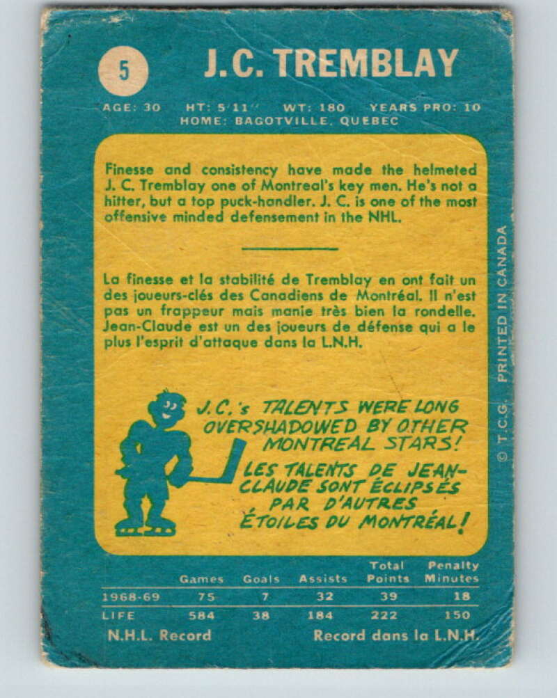 1969-70 O-Pee-Chee #5 J.C. Tremblay Montreal Canadiens V1195