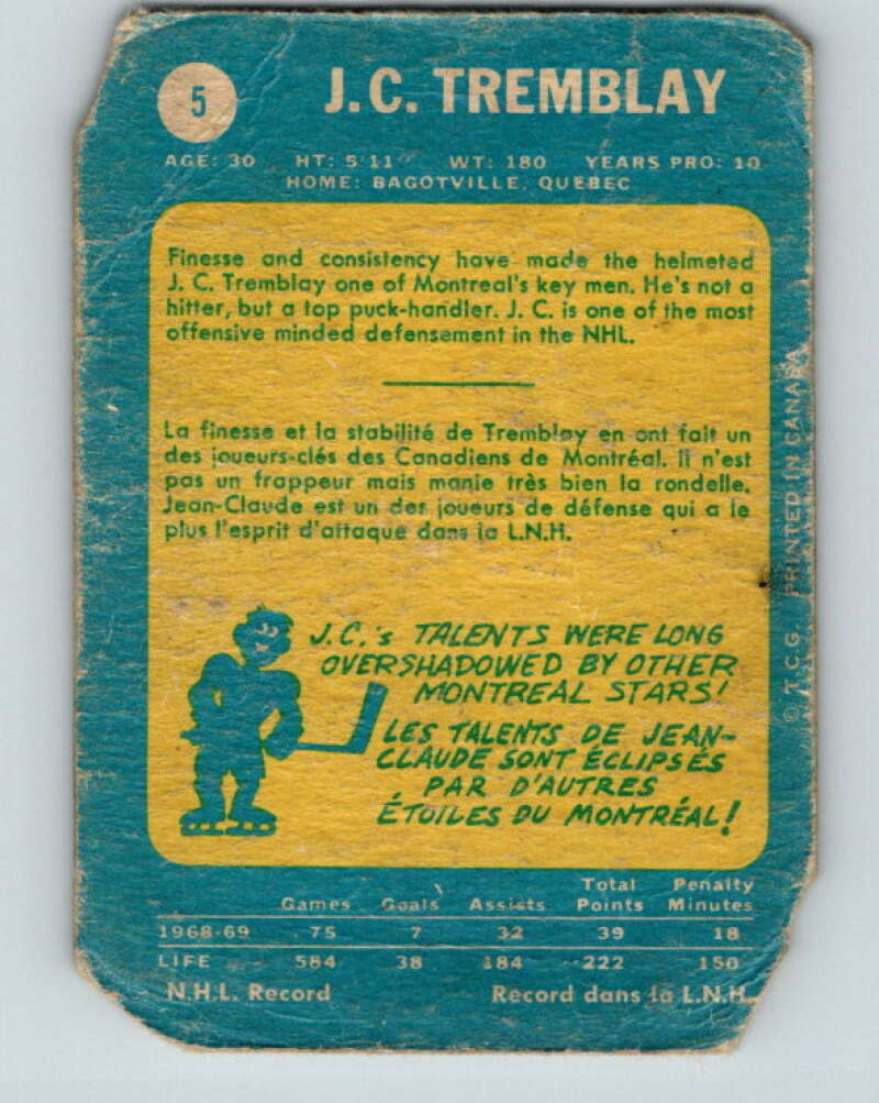 1969-70 O-Pee-Chee #5 J.C. Tremblay Montreal Canadiens V1196